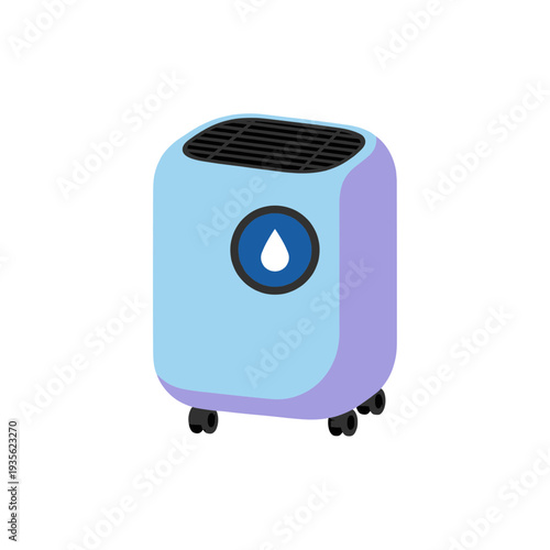 Modern portable dehumidifier appliance with water drop icon and air vent for home moisture control and improving indoor air quality in humid environments.
