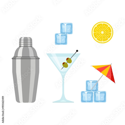 Cocktail shaker, martini glass with olives, ice cubes, and lemon slice illustration on a clean white background from a straightforward viewpoint