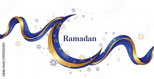A colorful Ramadan greeting card with blue and gold ribbons and stars on a white background