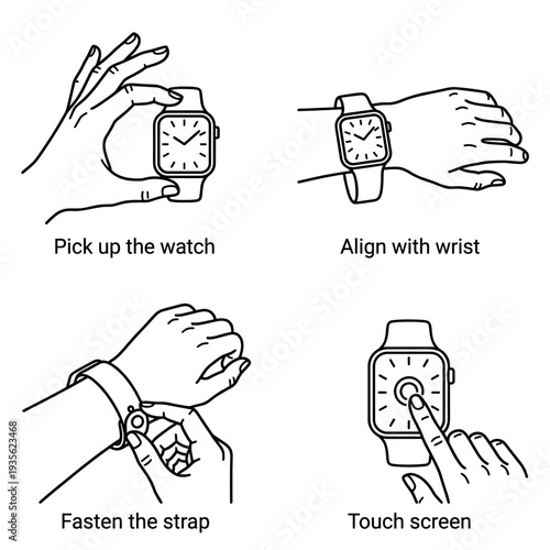Step by step guide on how to wear a smartwatch including picking up the device aligning with wrist fastening the strap and using the touch screen
