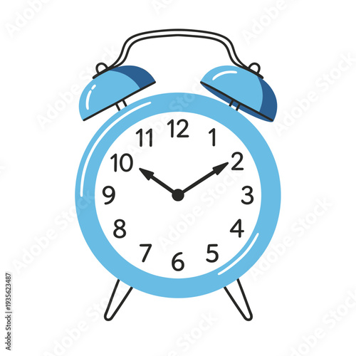 Classic blue twin bell alarm clock illustration showing time with minute and hour hands for morning wake up schedule and time management concepts