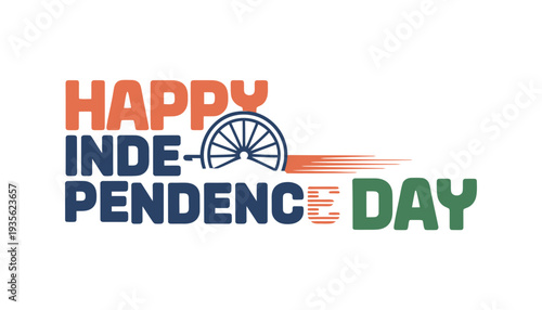 Independence Day celebration with happy text and wheel icon illustration