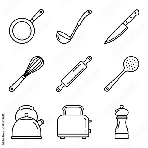 Professional Kitchen Utensils Line Art Set Including Frying Pan Ladle Knife Whisk Rolling Pin Skimmer Kettle Toaster and Pepper Grinder Tools