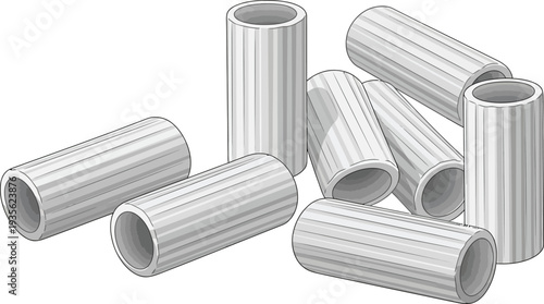 A collection of metal pipes in various orientations on a white background