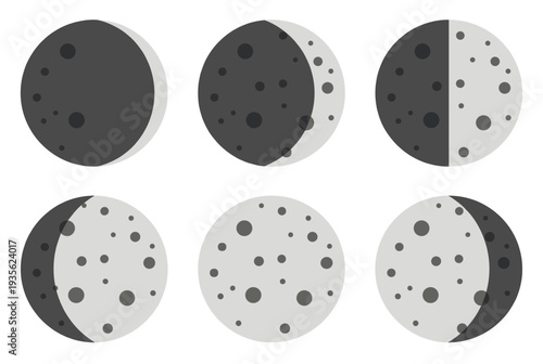 Set of moon phase icons showing the lunar cycle from new moon to full moon with craters details for astronomical education and night sky observation design
