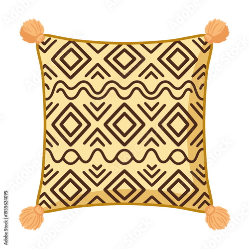 Square decorative throw pillow with ethnic geometric pattern and tassels on corners for cozy home textile and interior lounge sofa decoration concepts