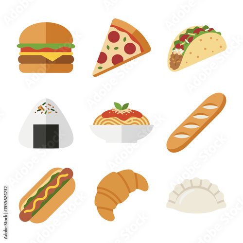 International fast food and street food collection featuring burger pizza taco onigiri pasta baguette hot dog croissant and dumpling icons for restaurant