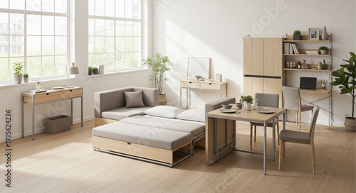 Modern studio apartment with minimalist furniture and natural light.