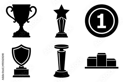 Achievement and victory trophy icons set with winner cup star award first place medal shield and podium symbols for competition success and ranking