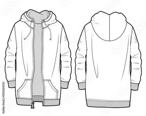 Full zip  longline hoodies vector design technical flat drawing by adobe illustrator.
