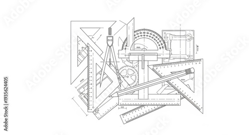 Architectural drawing with drafting tools and blueprints.