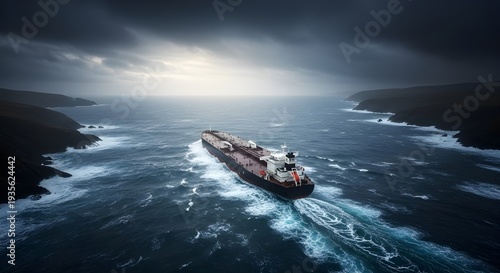 A large cargo ship navigating through a rugged coastline on a stormy day