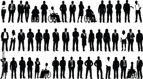 Business people silhouette collection with diverse professionals including wheelchair users, corporate team standing poses set for workplace diversity concept illustration
