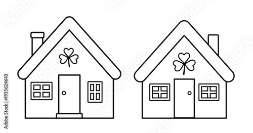 St. Patrick's Day house and shamrock coloring pages.
Shamrock house pattern outline template set.
St. Patrick’s Day printable coloring page design. SVG.