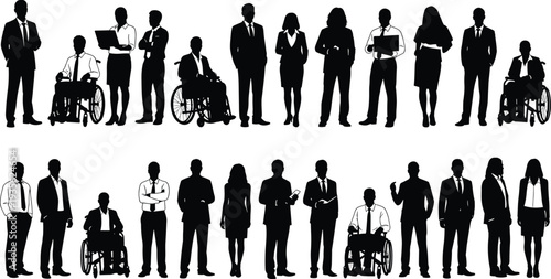 Business people silhouettes collection including professionals and wheelchair users, diverse corporate team standing poses, inclusive workplace concept vector illustration set