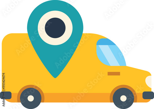 Yellow delivery van displaying a map pin, representing package tracking and logistic services