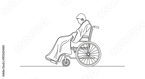 Person in wheelchair with blanket simple continuous line drawing