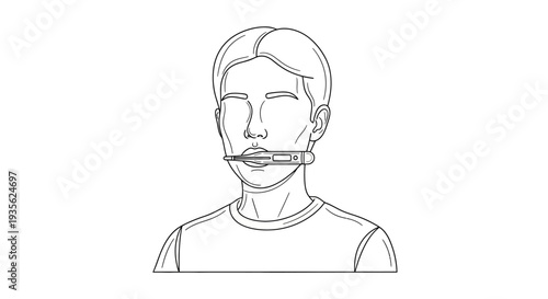 Person with thermometer in mouth line art illustration