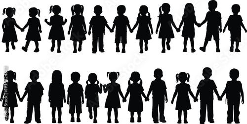 Children silhouettes holding hands collection, kids standing and walking together, childhood friendship and unity concept, preschool boys and girls vector illustration set