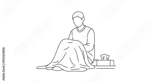 Sick person sitting under blanket with tissue box