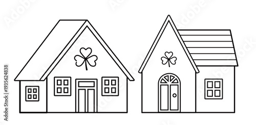St. Patrick's Day house and shamrock coloring pages.
Shamrock house pattern outline template set.
St. Patrick’s Day printable coloring page design. SVG.