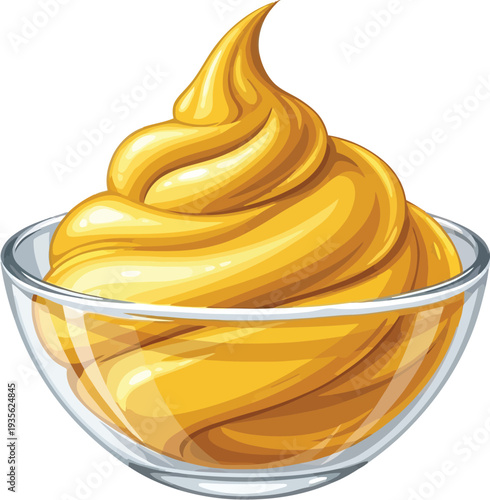 A glass bowl filled with a generous serving of creamy yellow butter or margarine