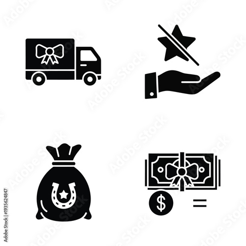 Black icons for business and finance concepts on white background