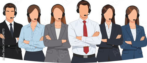 Customer support team wearing headsets, professional call center operators standing together, technical helpdesk service staff concept vector illustration