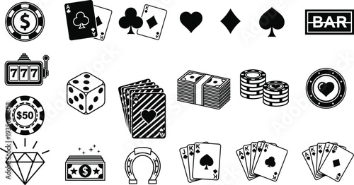 casino, gambling, poker, cards, chips, slotmachine, jackpot, dice, money, bet, luck, bar, diamond, horseshoe, silhouette, iconset, gaming, entertainment, casinoicons, illustration