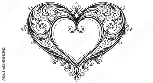 Intricate ornamental heart design with filigree swirls and vintage motif for decoration.