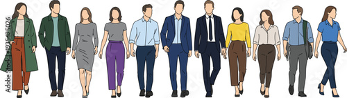 Diverse business people walking together in professional office outfits, confident corporate team movement concept, modern workforce collaboration, leadership unity isolated vector illustration
