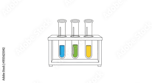 Three test tubes with colorful liquids in a laboratory rack