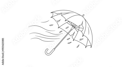 Umbrella caught in strong wind with falling leaves outline drawing