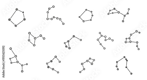 Twelve zodiac constellations star patterns in black outline on white