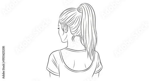 Young woman with ponytail seen from back line art