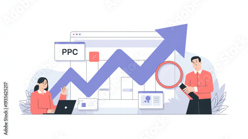 Easter bunny standing beside a large chocolate egg filled with colorful eggs surrounded by tulips and a blank card on a purple background