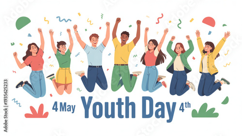 Diverse young people jumping in celebration on youth day with confetti and colorful decorations