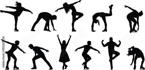 Figure skating silhouettes collection with athletes performing jumps, spins and artistic poses on ice, winter sport activity vector illustration set