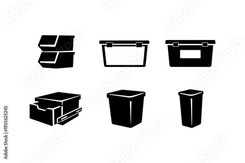 Collection of six different black storage containers and bins on a white background