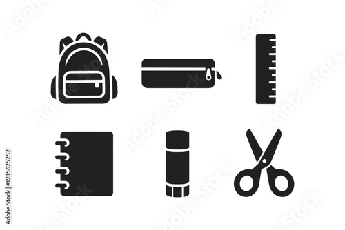 Collection of essential school supplies icons including backpack, pencil case, ruler, notebook, glue stick, and scissors