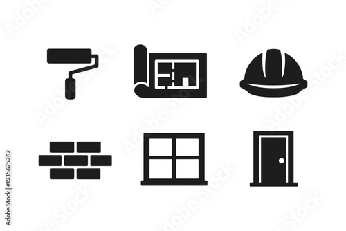 Construction icons set with roller, blueprints, helmet, and more