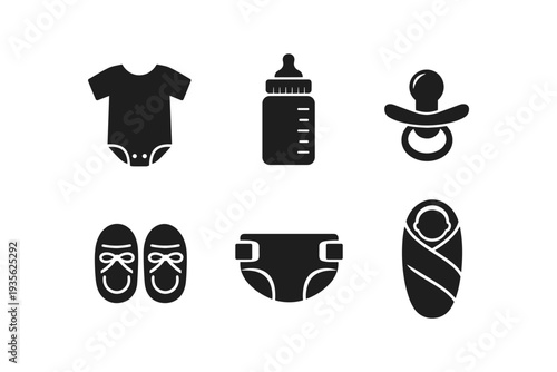 Collection of essential baby care icons including clothing, feeding, and sleeping items