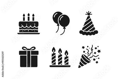 Collection of black birthday celebration icons on a white background
