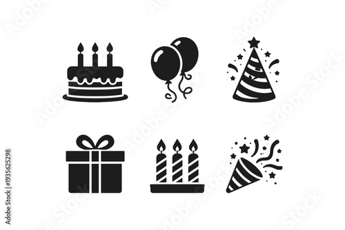 Collection of six black birthday celebration icons on a white background