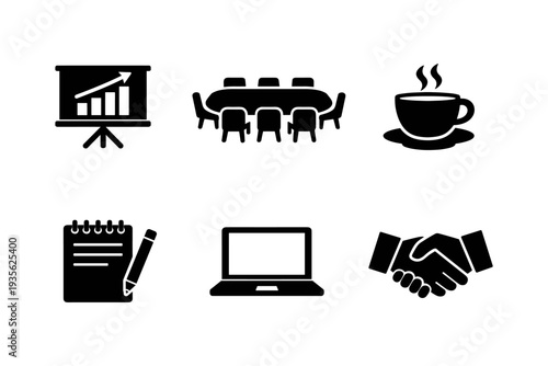 Business icons representing growth, meetings, coffee, notes, laptop, and handshake