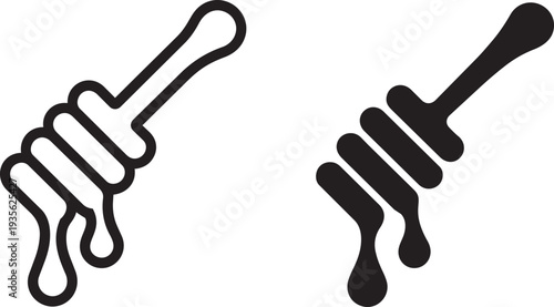 Simple honey dipper spoon with dripping honey icon set, line and solid fill vector illustration
