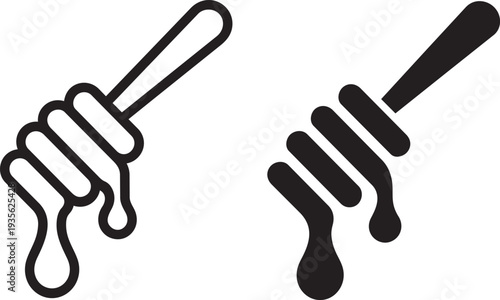 Simple honey dipper spoon with dripping honey icon set, line and solid fill vector illustration