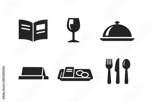 Collection of restaurant and dining icons including menu, wine glass, food cloche, and cutlery
