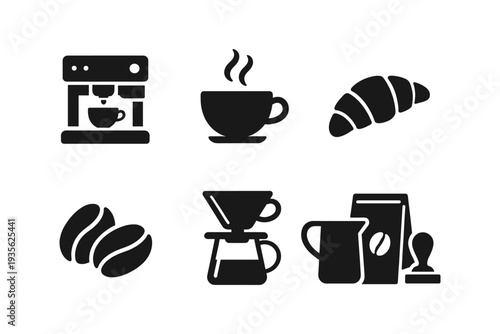 Collection of coffee and pastry icons including espresso machine, coffee cup, croissant, beans, and pour over