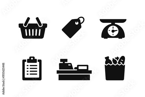 Collection of six black shopping and retail icons on a white background